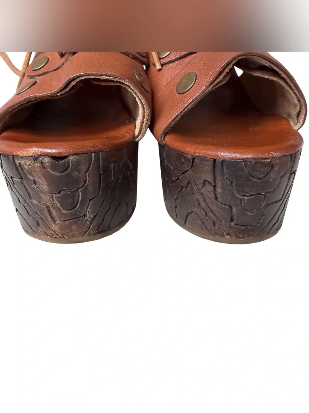 Free People Platform Clog Heels Womens 38 7.5 Brown Leather Wood Farrah Lace Up